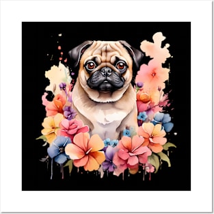 A pug decorated with beautiful watercolor flowers Posters and Art